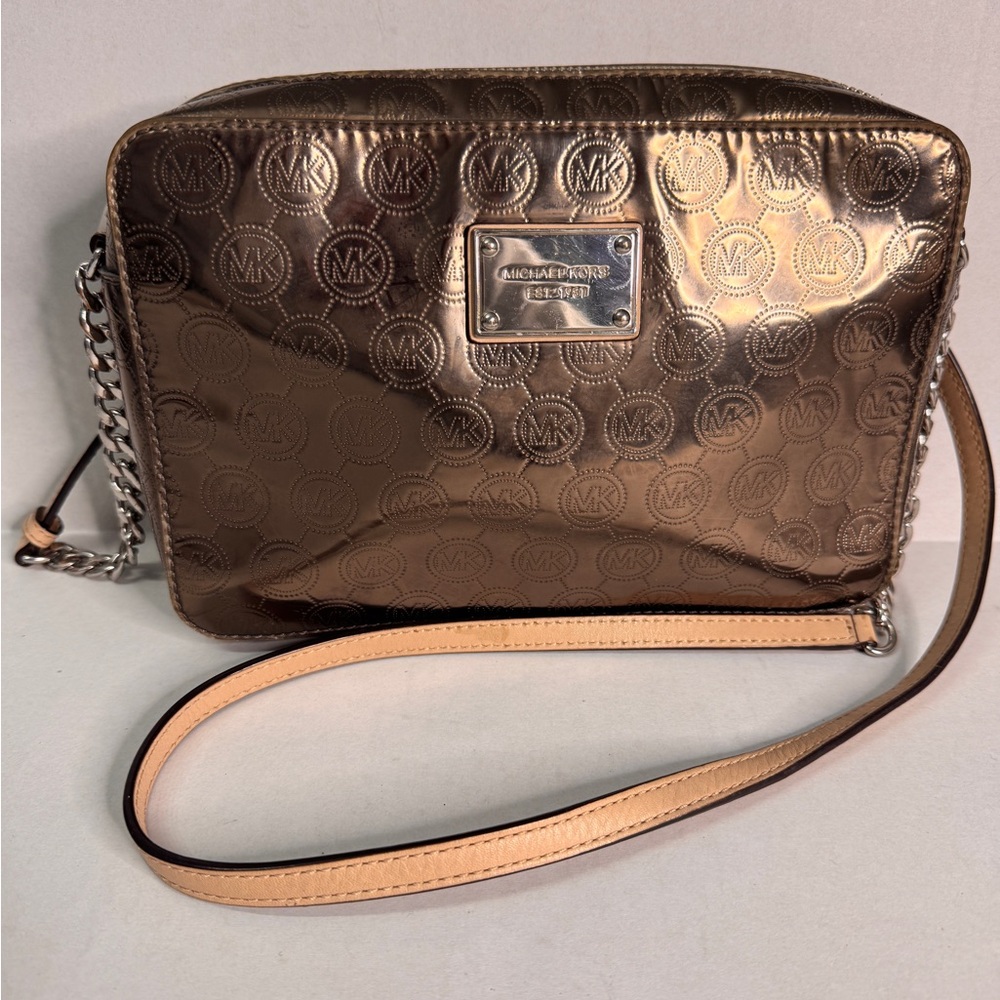 Michael Kors Brown Crossbody Bag with Textured Leather and Silver Hardware